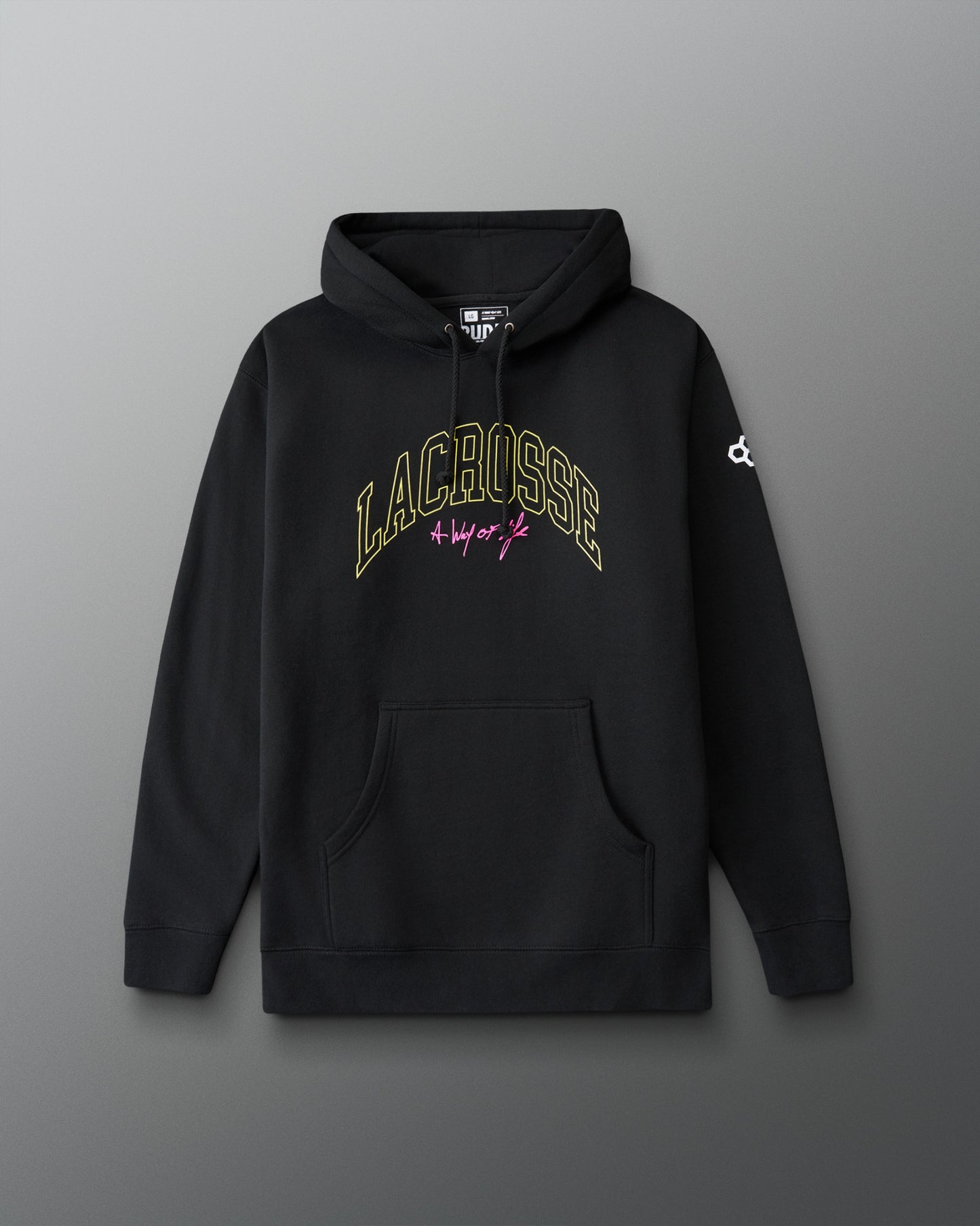 Black hoodie with 'Lacrosse' text on a gray background