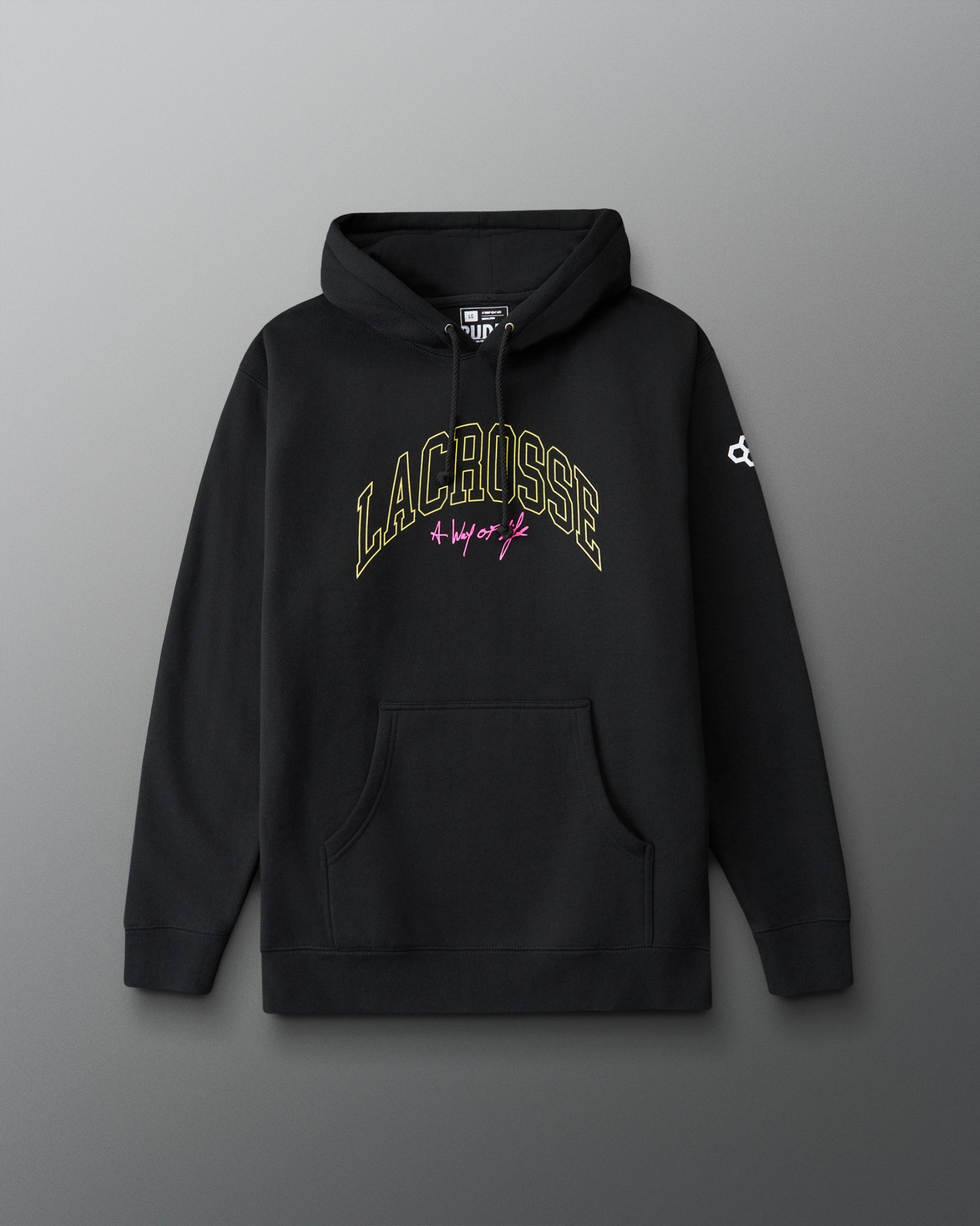 Black hoodie with 'Lacrosse' text on a gray background