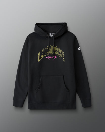 Black hoodie with 'Lacrosse' text on a gray background