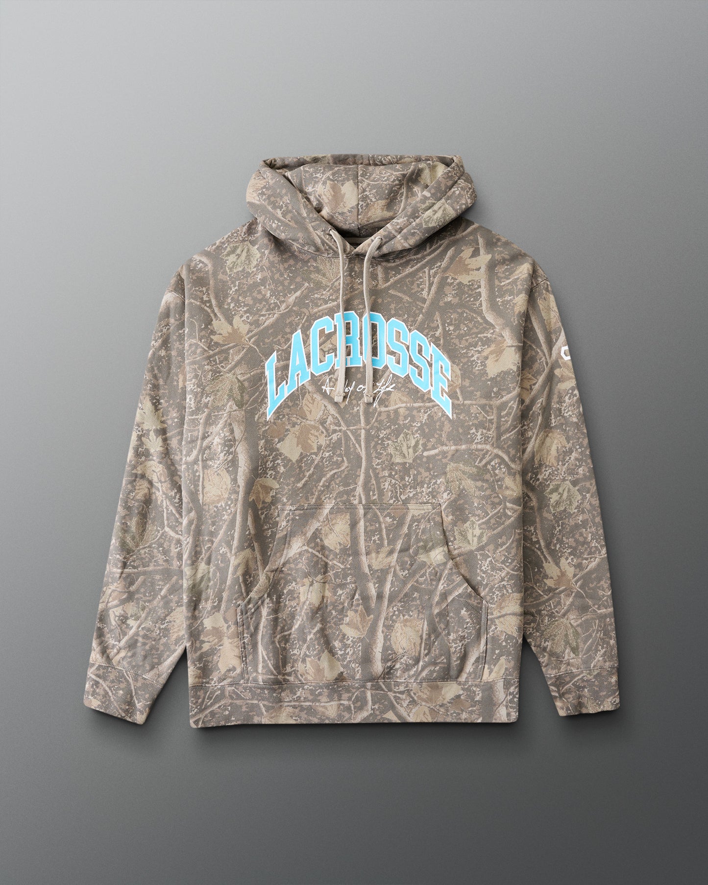 Camouflage hoodie with 'LACROSSE' text on a gray background