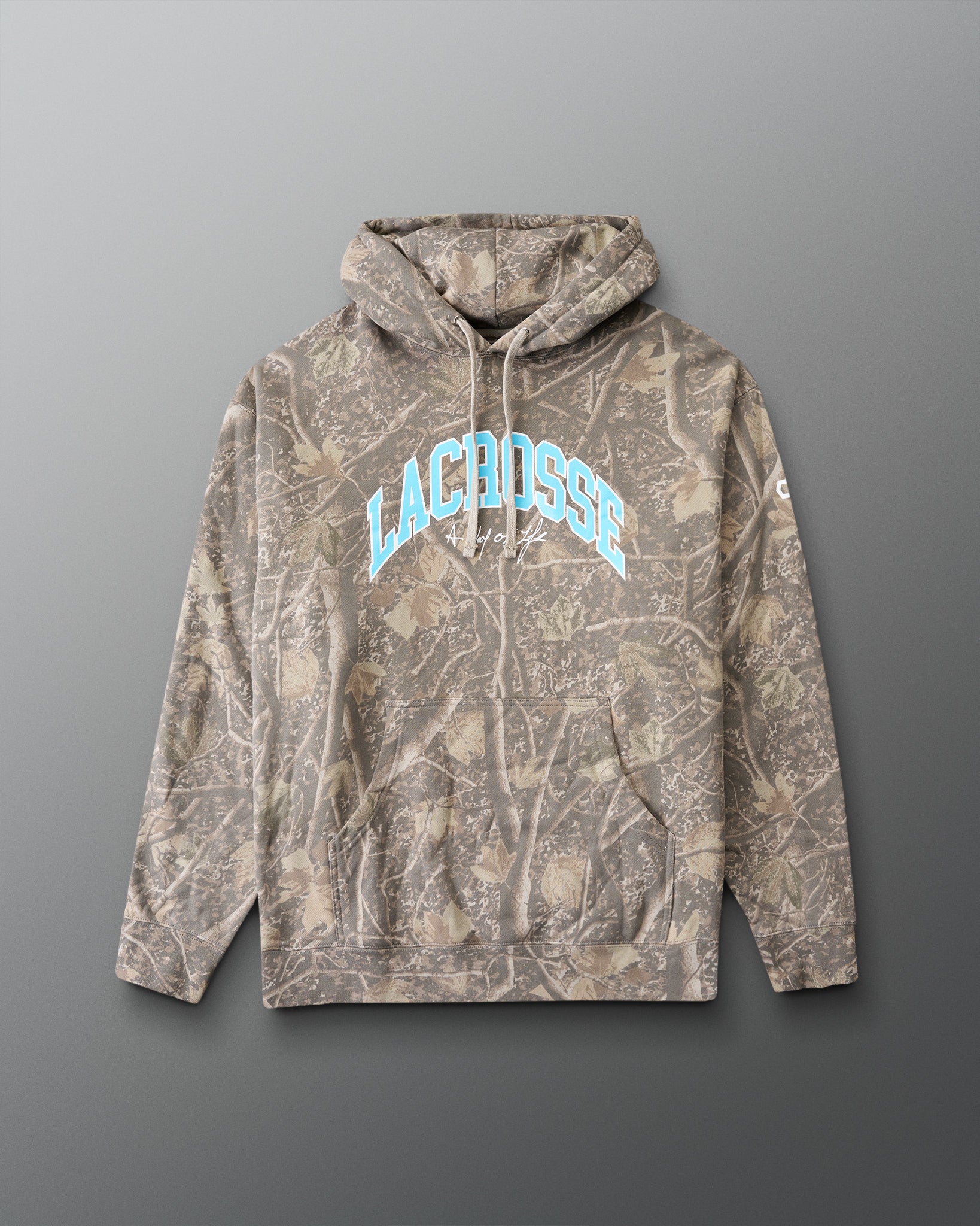 Camouflage hoodie with 'LACROSSE' text on a gray background