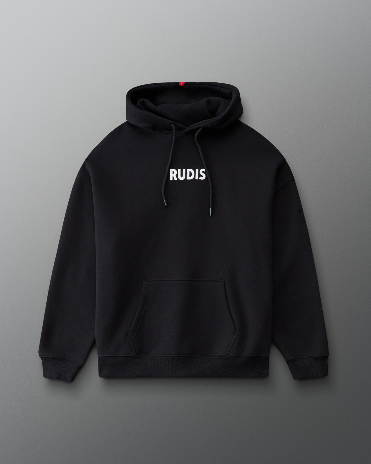 Front view of the RUDIS Lacrosse Relaxed Comfort Fleece Hoodie in Black, featuring a white RUDIS chest logo, adjustable drawstring hood, kangaroo pocket and ribbed cuffs.