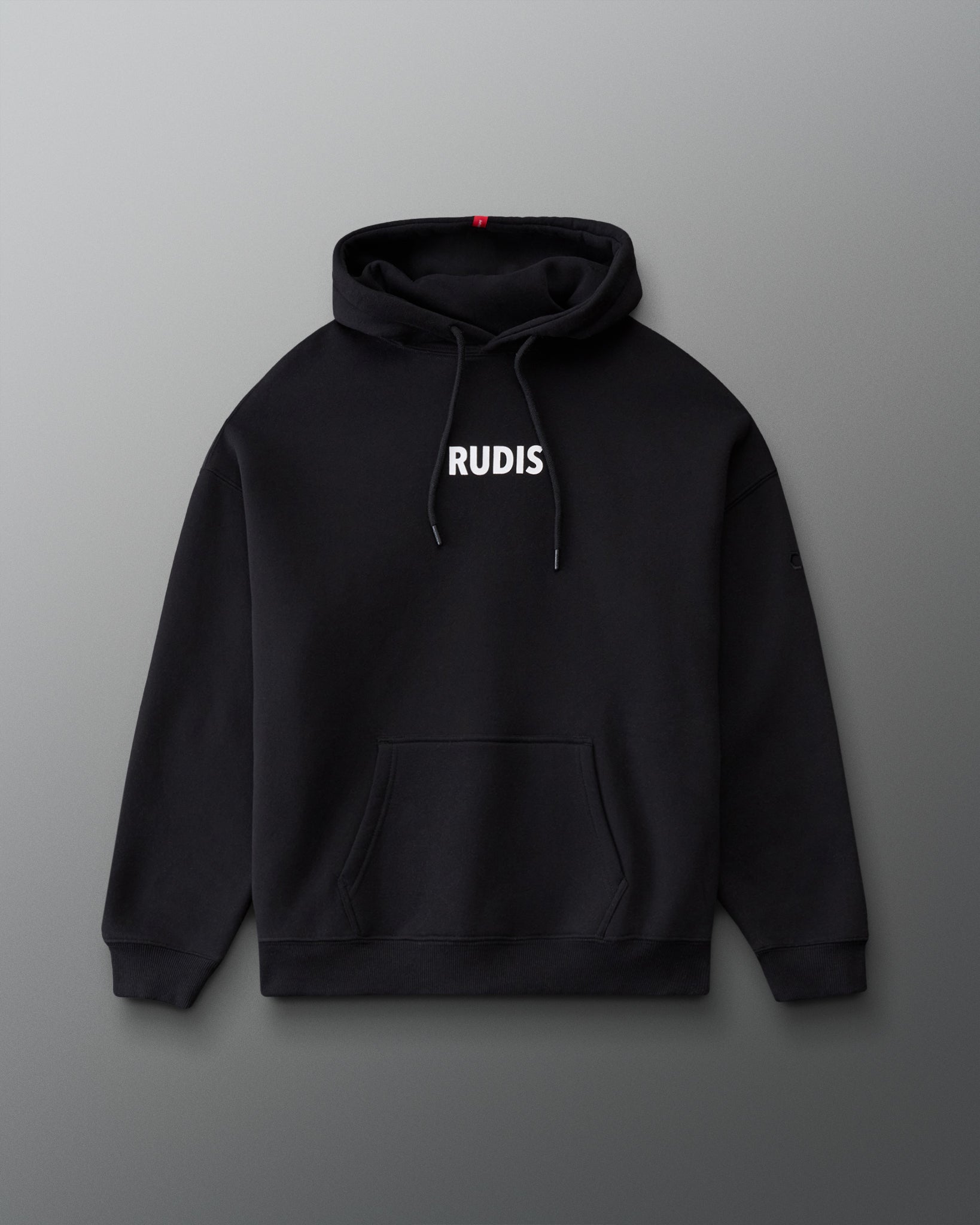 Front view of the RUDIS Lacrosse Relaxed Comfort Fleece Hoodie in Black, featuring a white RUDIS chest logo, adjustable drawstring hood, kangaroo pocket and ribbed cuffs.