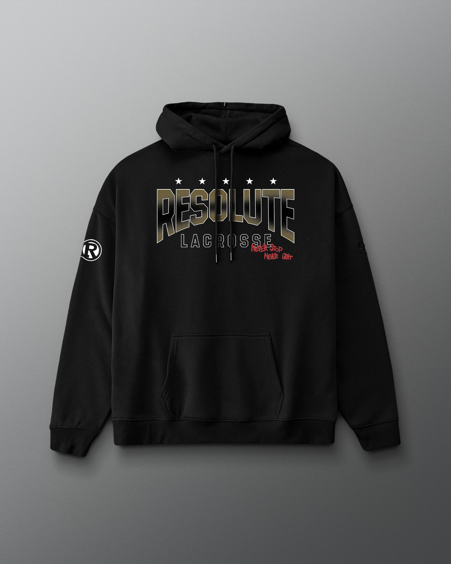Black hoodie with 'Resolute Lacrosse' branding on a gray background