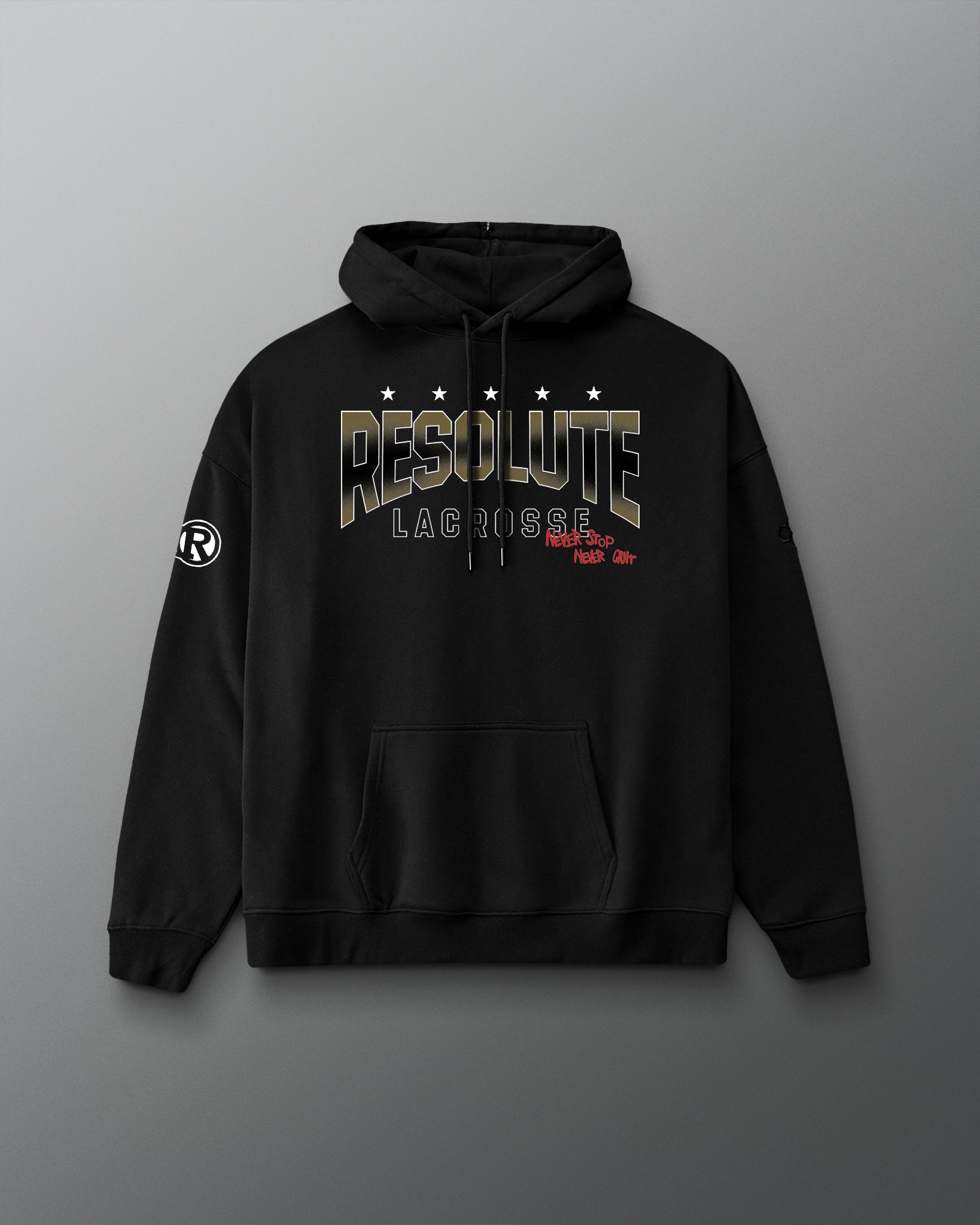Black hoodie with 'Resolute Lacrosse' branding on a gray background