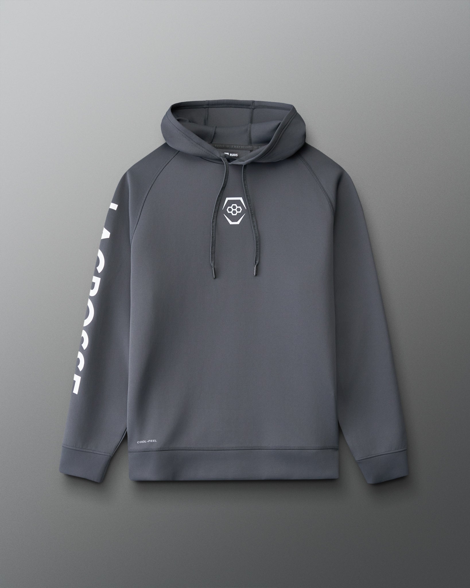 Front view of the RUDIS Lacrosse Cool Feel Hoodie in carbon with white RUDIS chest emblem, drawcord hood and bold LACROSSE sleeve graphic.