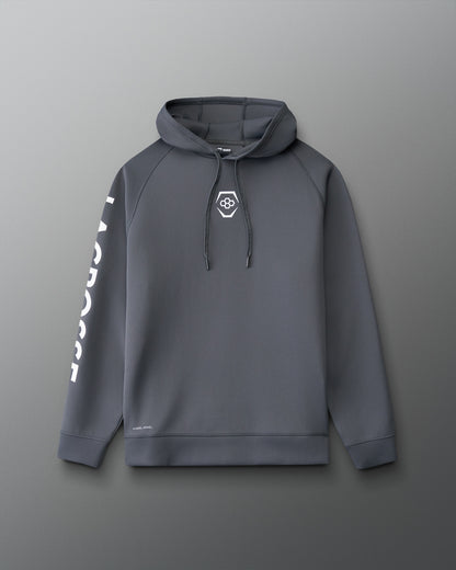 Front view of the RUDIS Lacrosse Cool Feel Hoodie in carbon with white RUDIS chest emblem, drawcord hood and bold LACROSSE sleeve graphic.