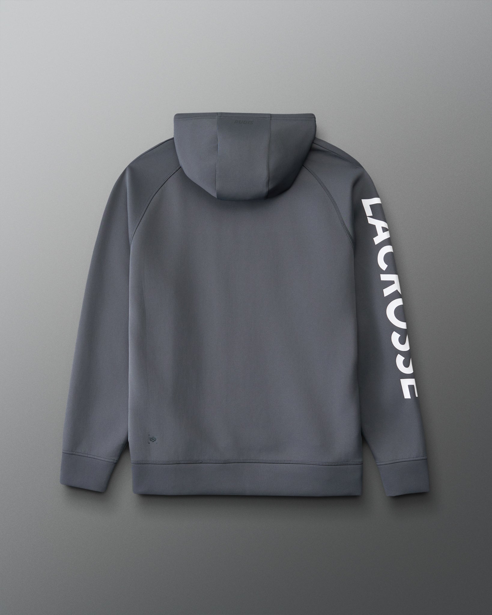 Back view of the RUDIS Lacrosse Cool Feel Hoodie in carbon featuring a streamlined hooded design and white LACROSSE sleeve graphic.