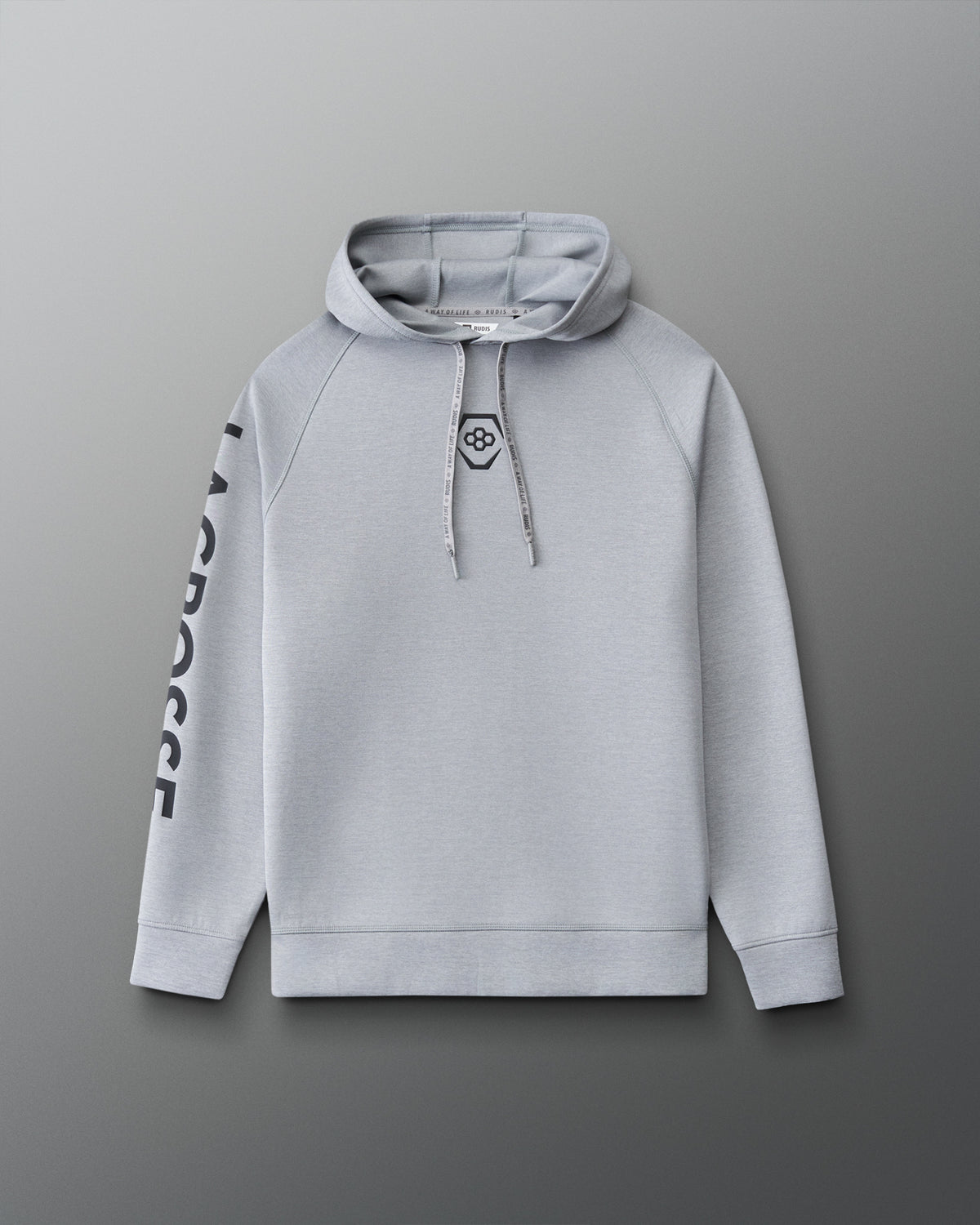 Front view of the RUDIS Lacrosse Cool Feel Hoodie in heather gray with RUDIS chest emblem, branded drawcords and bold LACROSSE sleeve graphic.