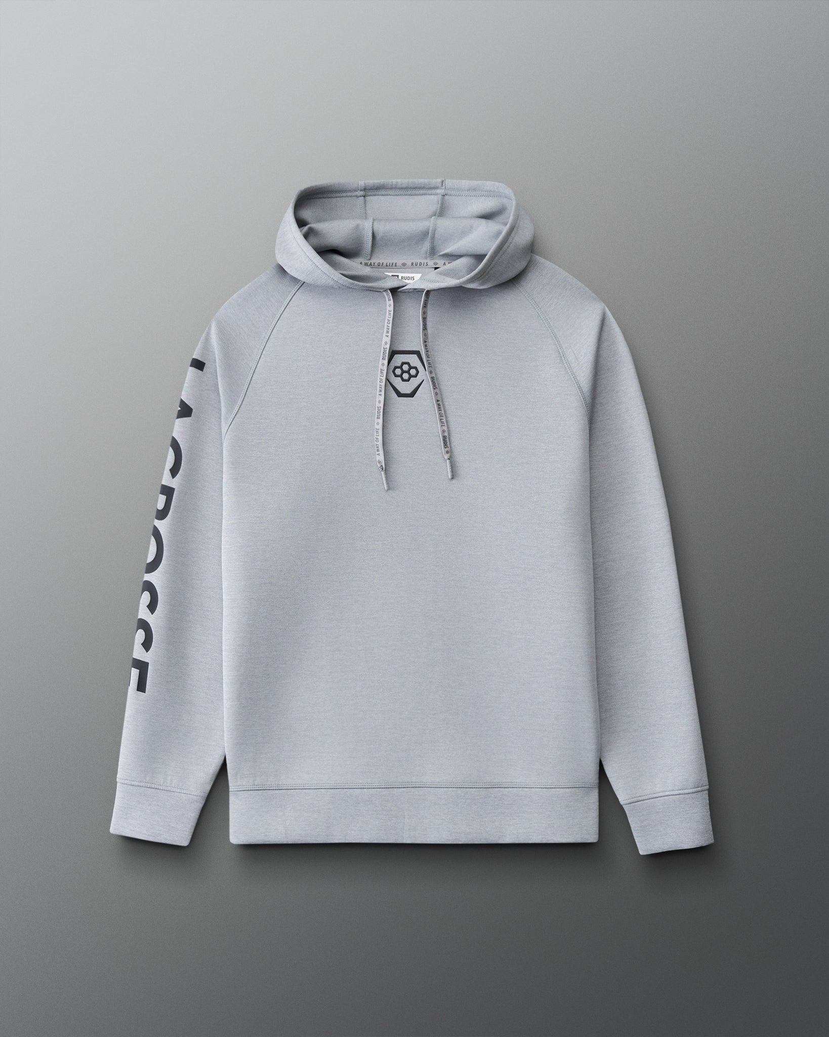 Front view of the RUDIS Lacrosse Cool Feel Hoodie in heather gray with RUDIS chest emblem, branded drawcords and bold LACROSSE sleeve graphic.