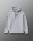 Front view of the RUDIS Lacrosse Cool Feel Hoodie in heather gray with RUDIS chest emblem, branded drawcords and bold LACROSSE sleeve graphic.