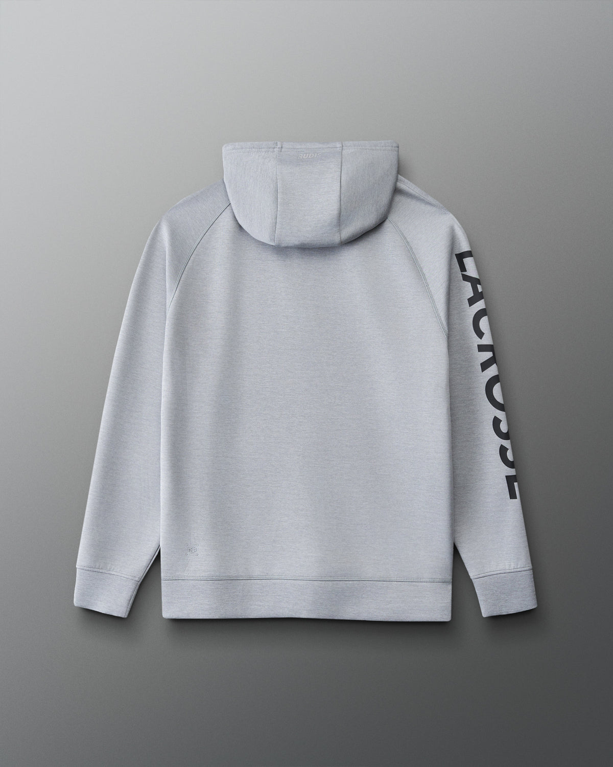 Back view of the RUDIS Lacrosse Cool Feel Hoodie in heather gray with hood, raglan seams and bold LACROSSE sleeve graphic.