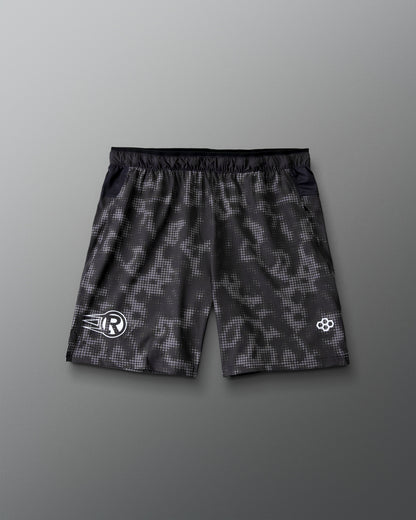 RUDIS Resolute Attack lacrosse shorts in black featuring an all-over tonal camo print, elastic waistband, side pockets, and athletic performance fit.