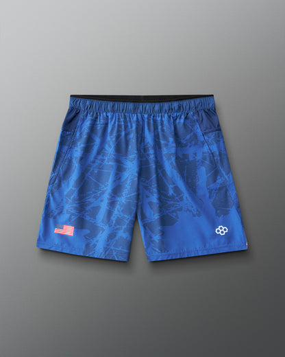Front view of RUDIS Lacrosse Flag 7" Attack Shorts in navy with tonal graphic print, American flag detail, and RUDIS logo.