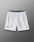 Front view of RUDIS Lacrosse Flag 7" Attack Shorts in white with tonal graphic print, American flag detail, and RUDIS logo.