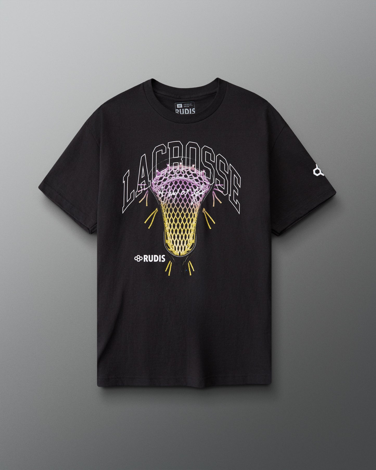 Black t-shirt with lacrosse graphic and 'RUDIS' branding on a gray background