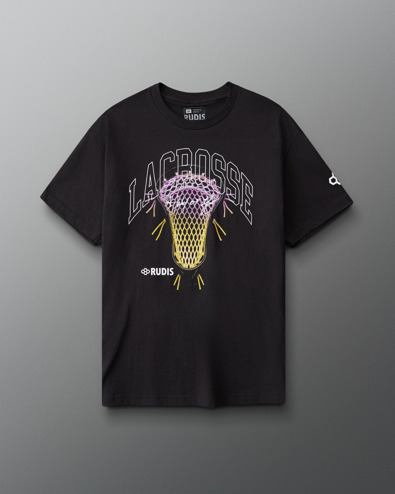 Black t-shirt with lacrosse graphic and 'RUDIS' branding on a gray background
