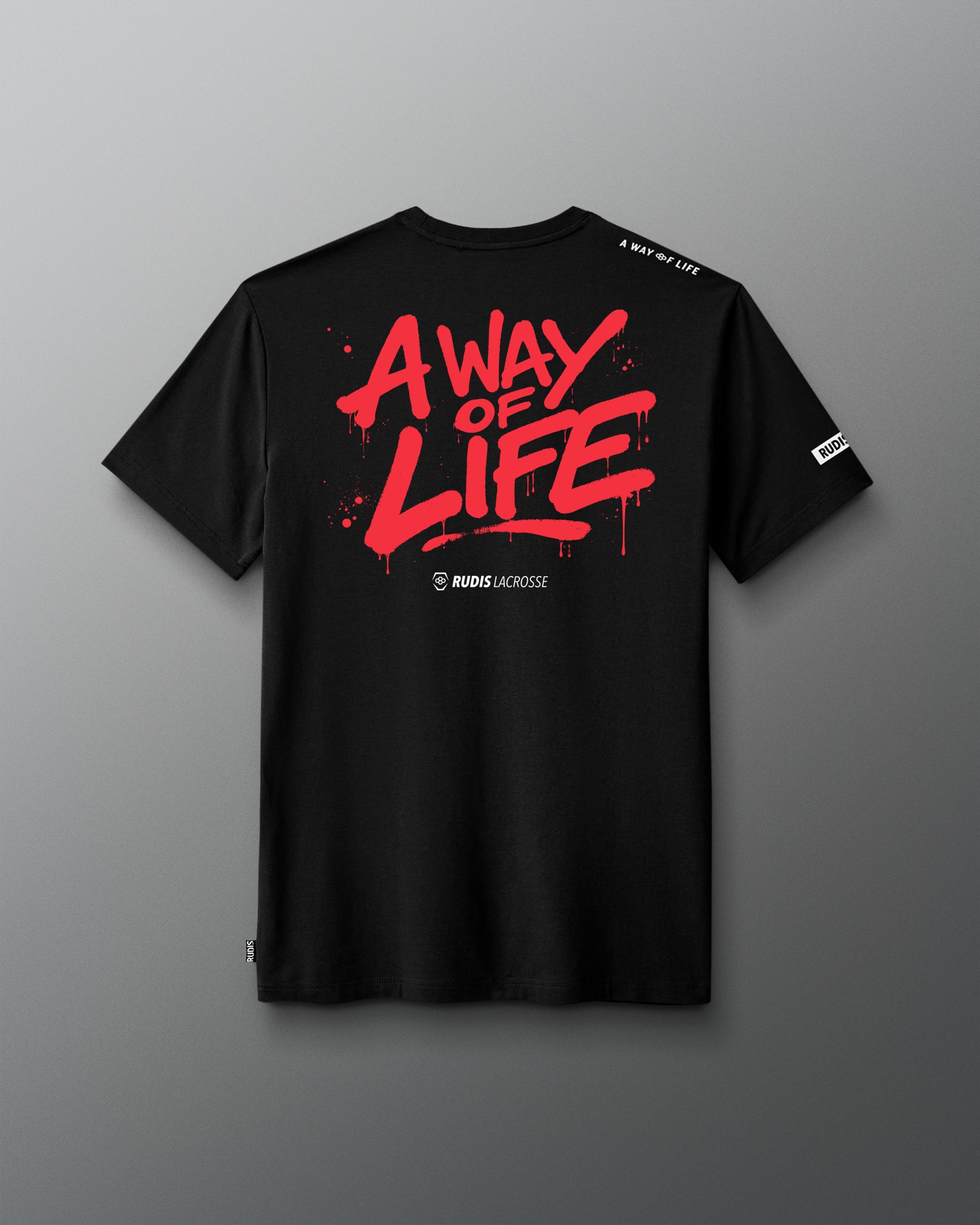 Black t-shirt with red 'A Way of Life' text on a gray background