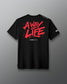Black t-shirt with red 'A Way of Life' text on a gray background