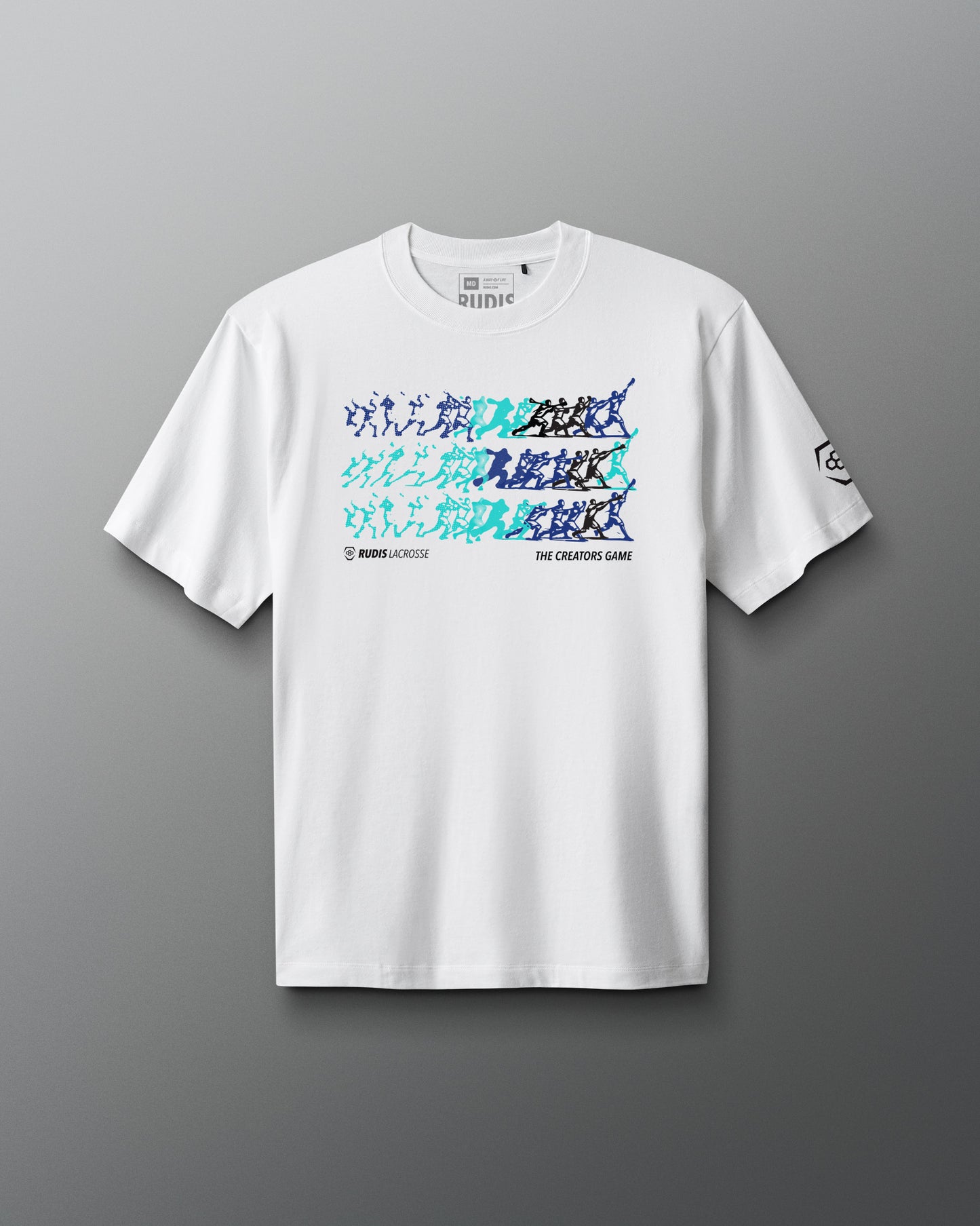 White t-shirt with colorful graphic design on a gray background