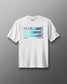White t-shirt with colorful graphic design on a gray background
