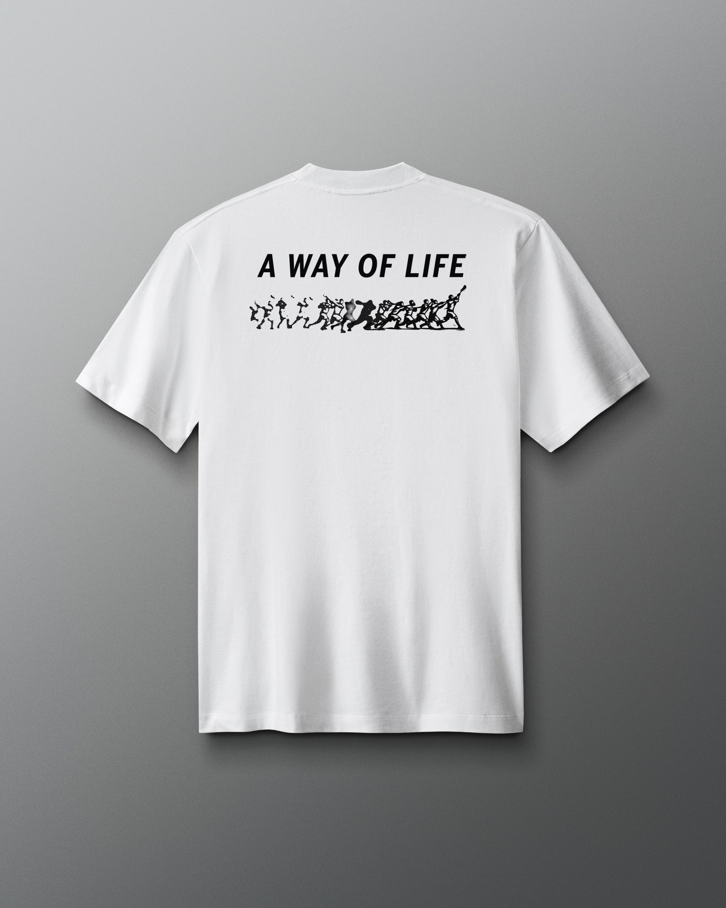 White t-shirt with 'A Way of Life' text on the back against a gray background