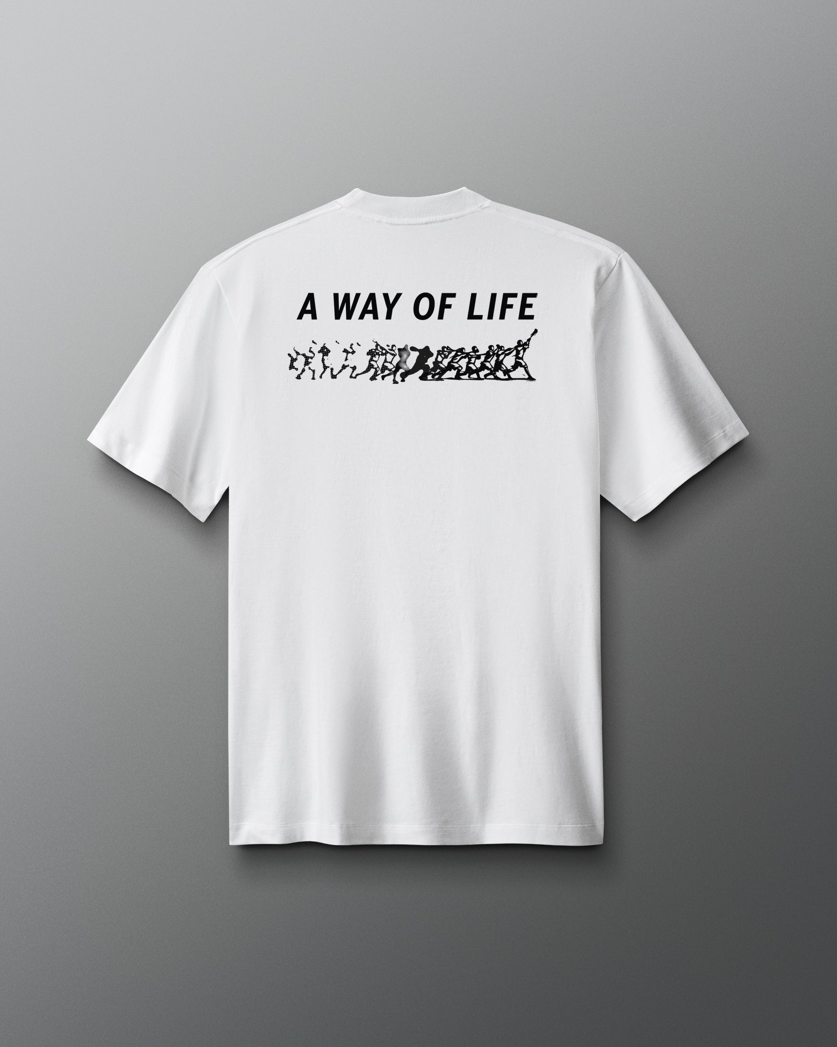 White t-shirt with 'A Way of Life' text on the back against a gray background