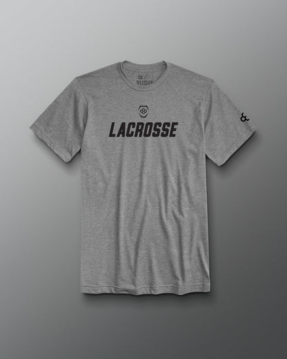 Gray t-shirt with 'Lacrosse' text on a gray background