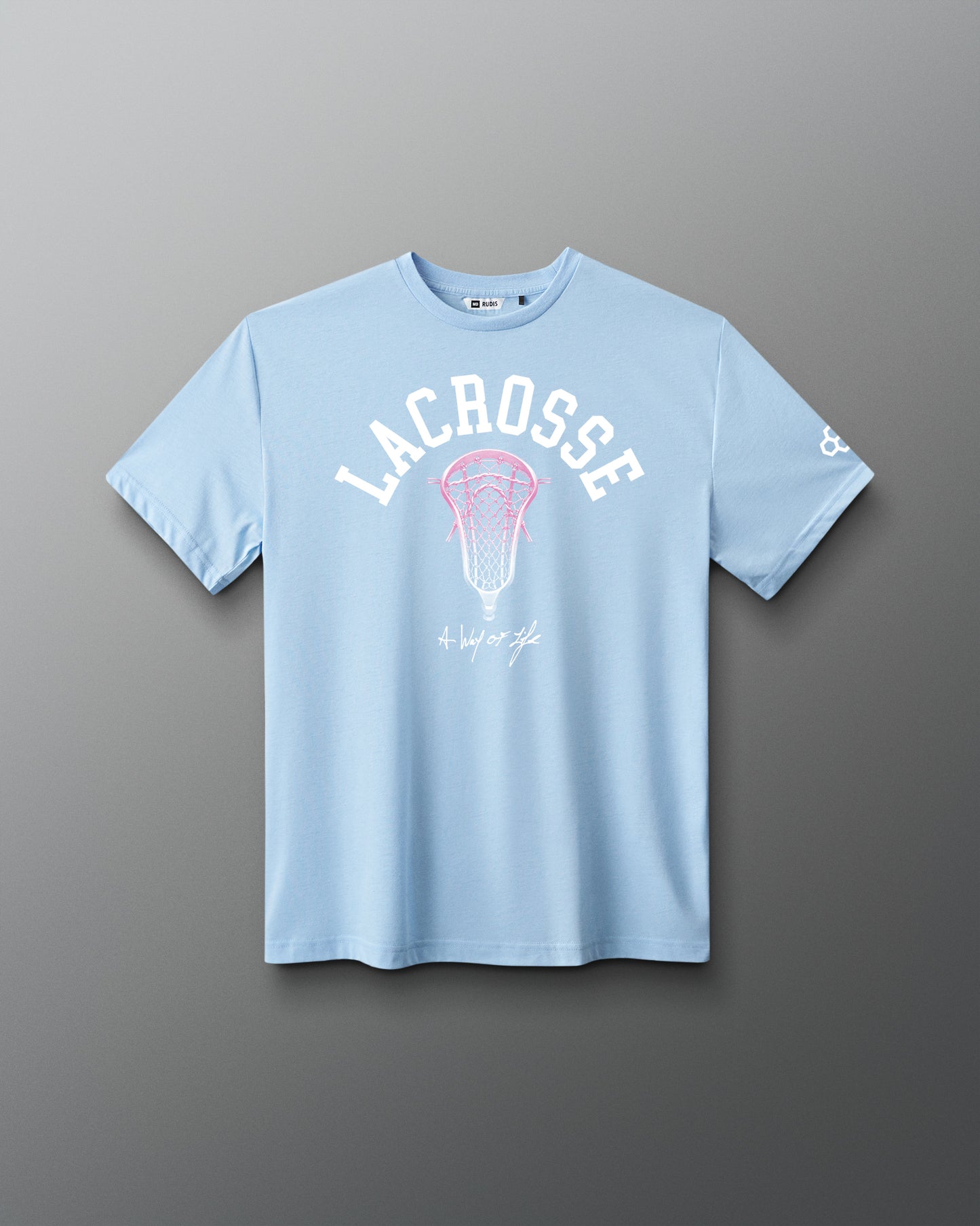 Light blue t-shirt with lacrosse graphic and text on a gray background