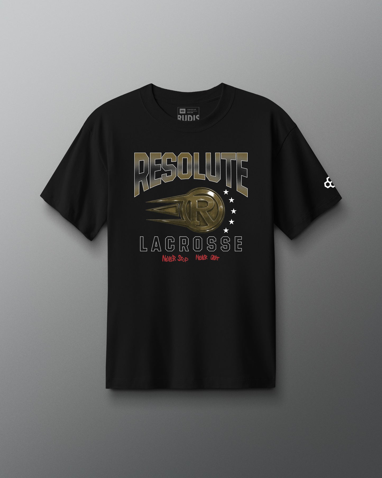 Black t-shirt with 'Resolute Lacrosse' graphic on a gray background