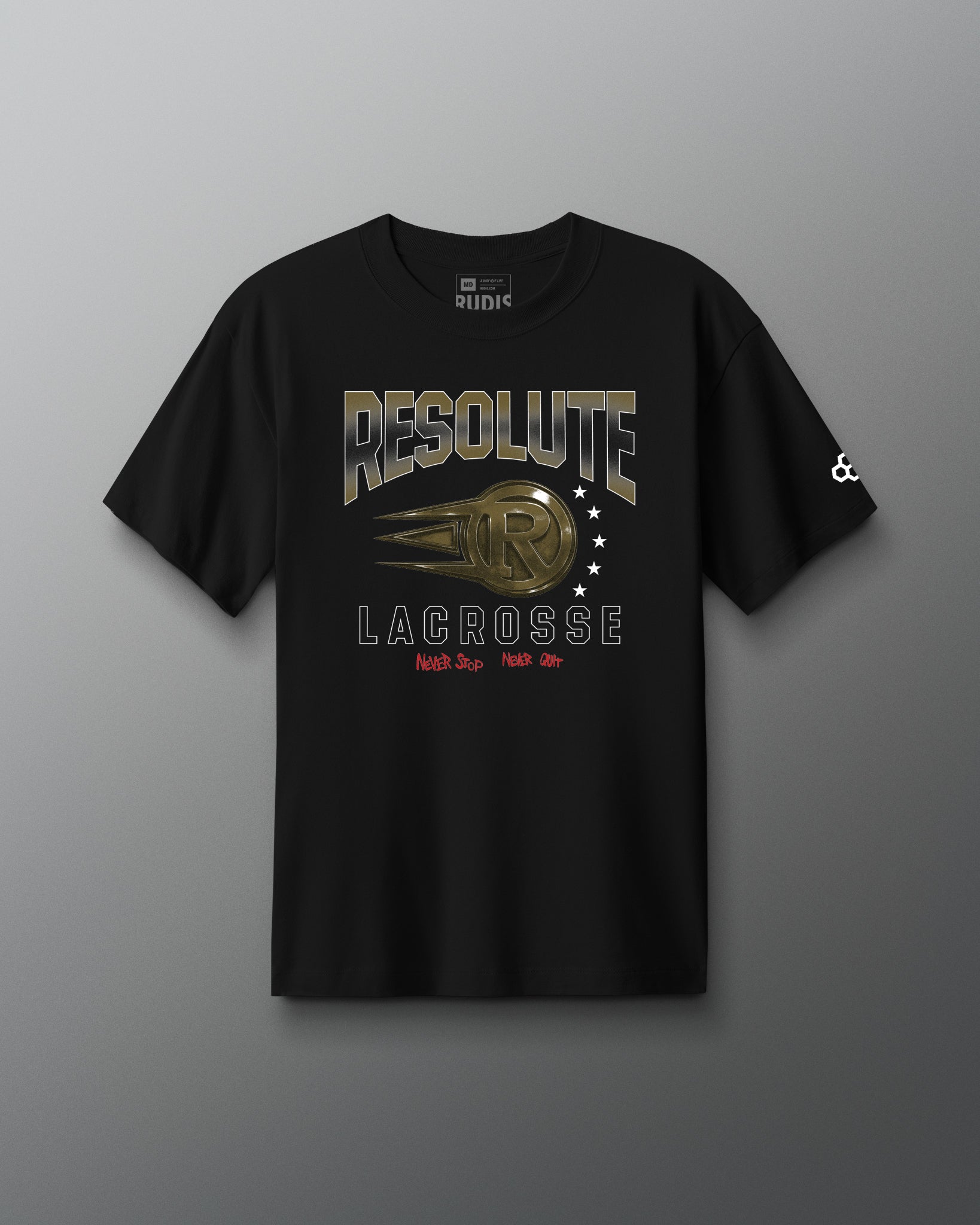 Black t-shirt with 'Resolute Lacrosse' graphic on a gray background