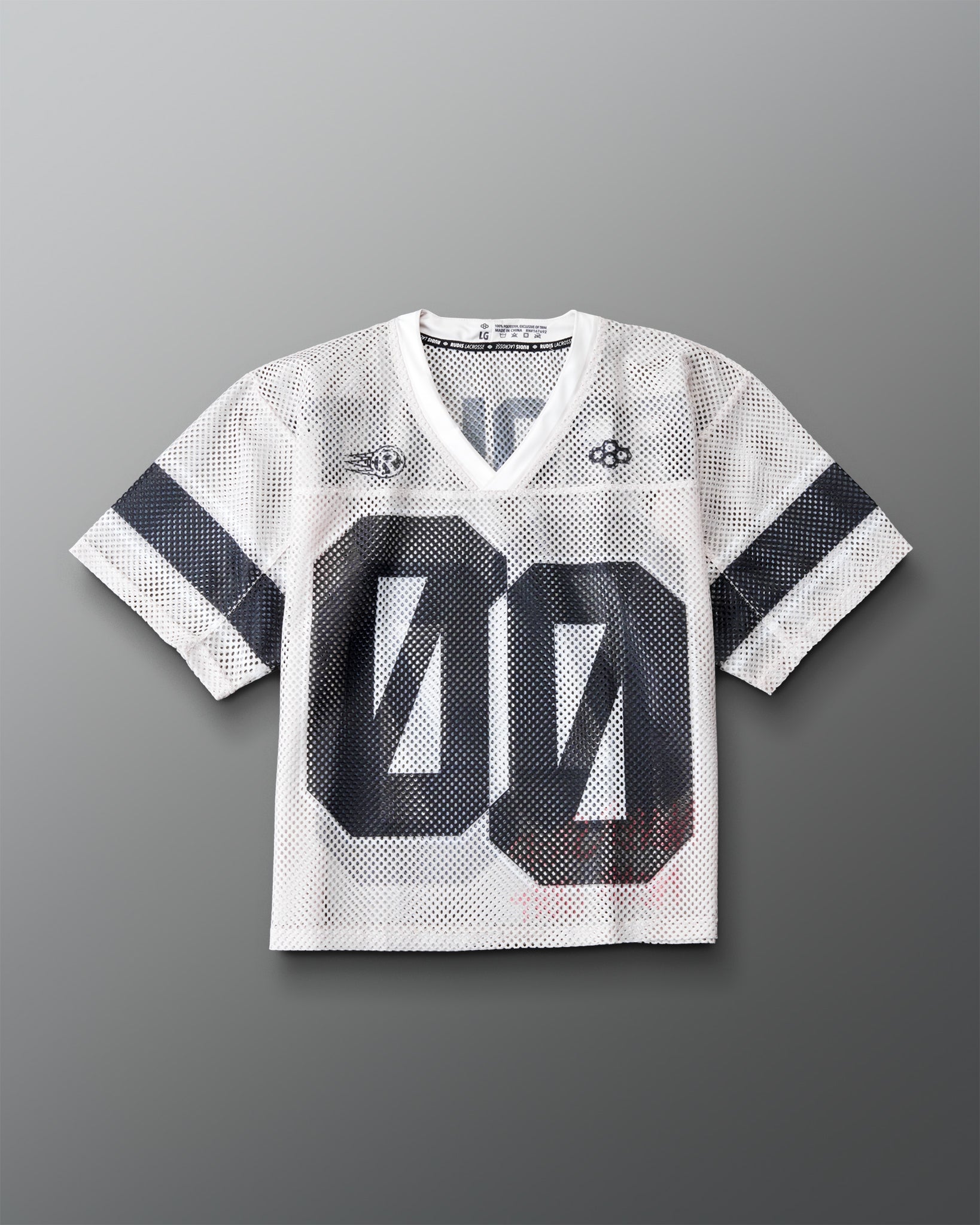 RUDIS Resolute Throwback lacrosse jersey in white mesh featuring a V-neck, black sleeve stripes, oversized "00" front number, Rocket logo, RUDIS logo, and breathable athletic construction.