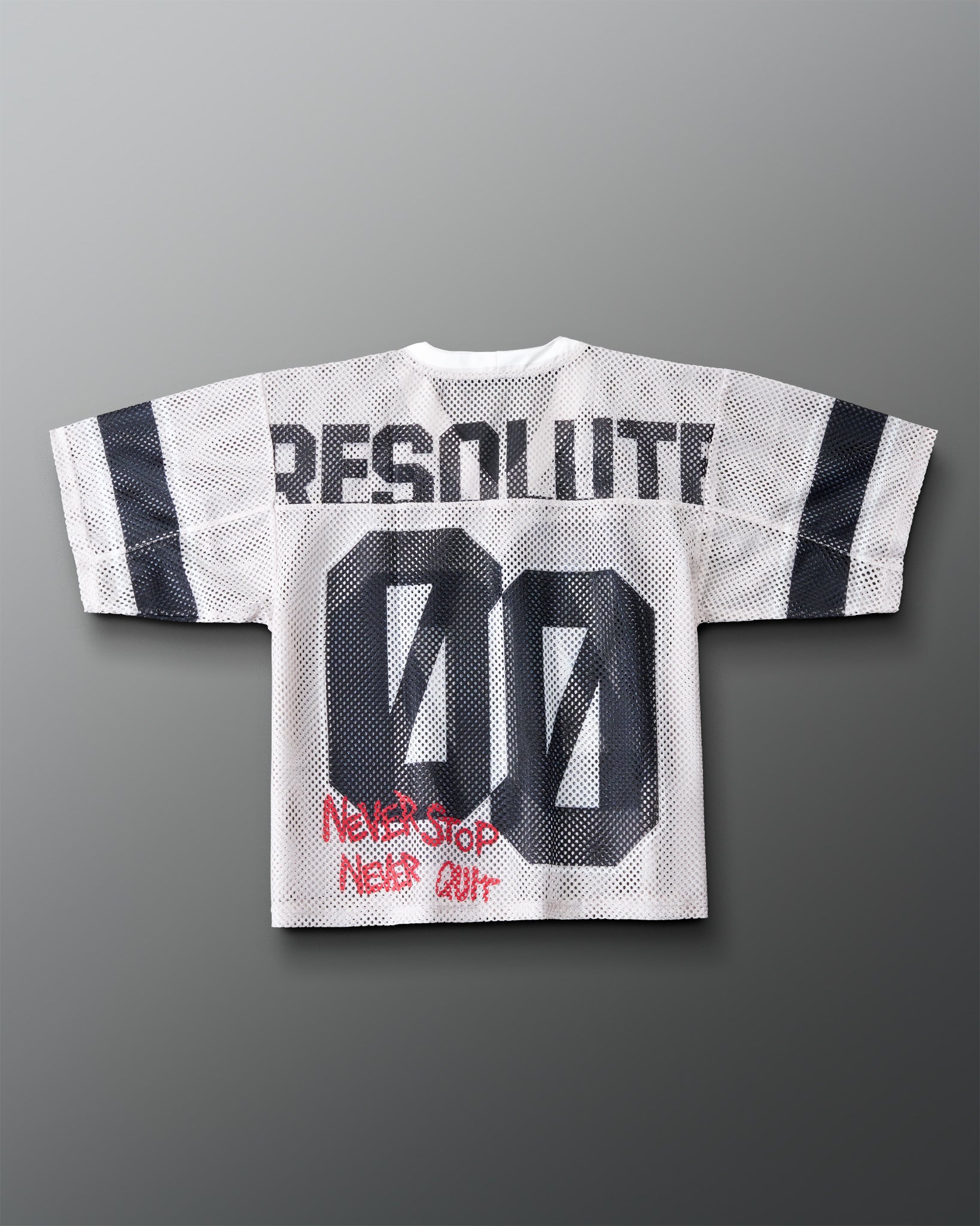 Back of the RUDIS Resolute Throwback lacrosse jersey in white mesh with black sleeve stripes, oversized "00" number, "RESOLUTE" nameplate, and red "Never Stop Never Quit" graphic near the hem.