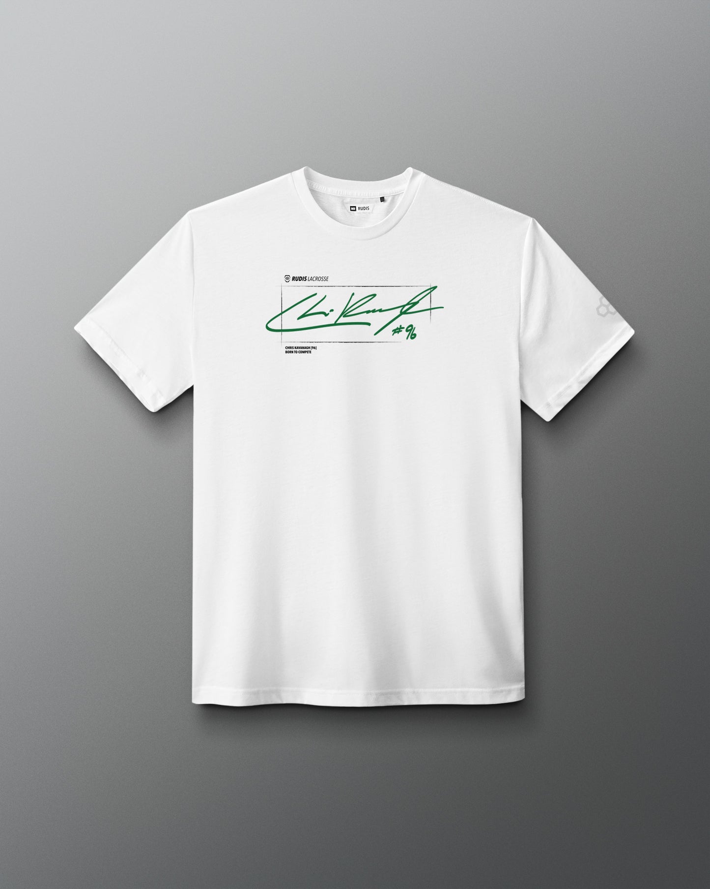 A white short-sleeve crewneck t-shirt with a green signature-style graphic and small text printed on the center chest, displayed against a dark gray gradient background.