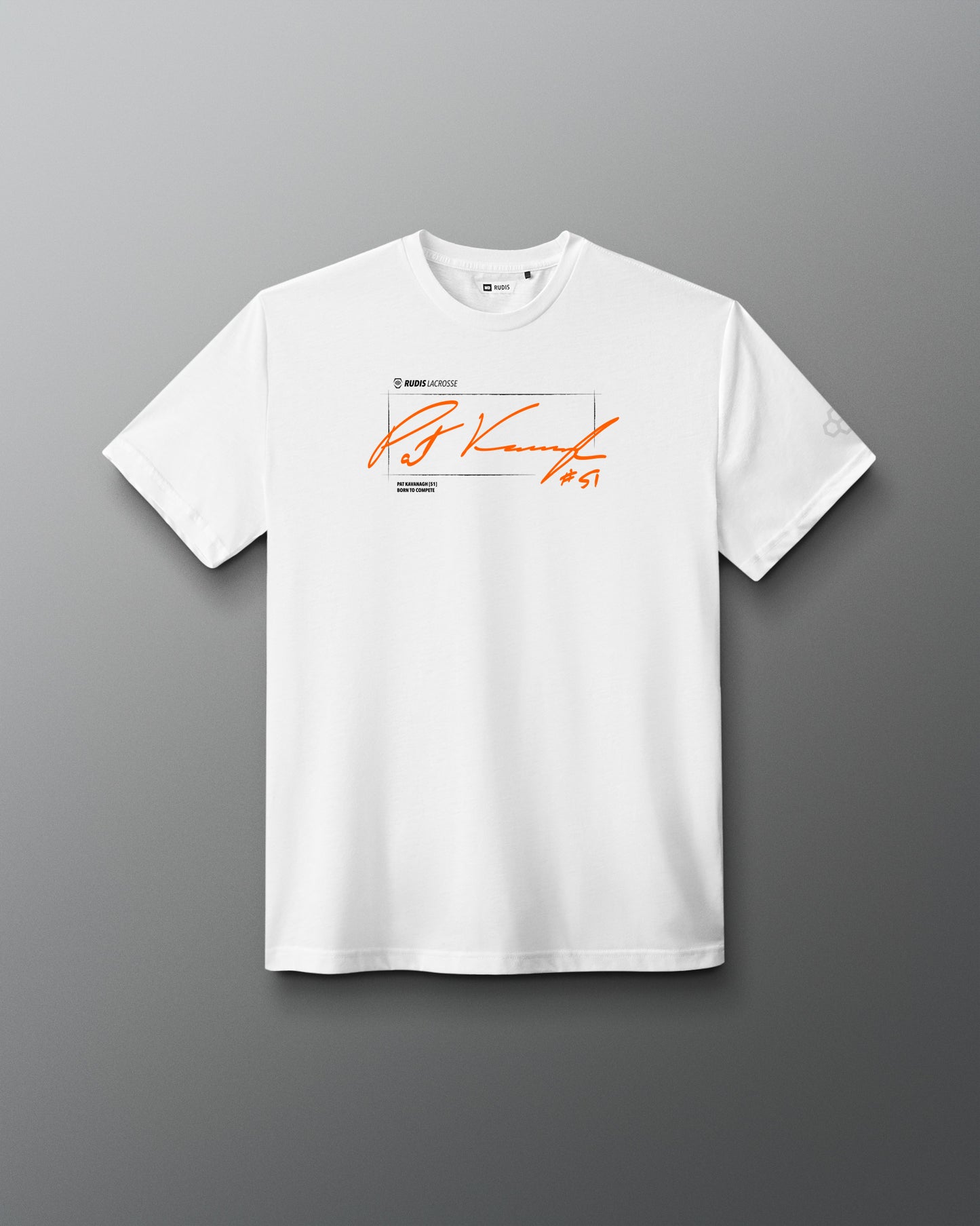 A white short-sleeve crewneck t-shirt featuring a graphic print on the chest with an orange signature and small black text, displayed against a dark gray gradient background.