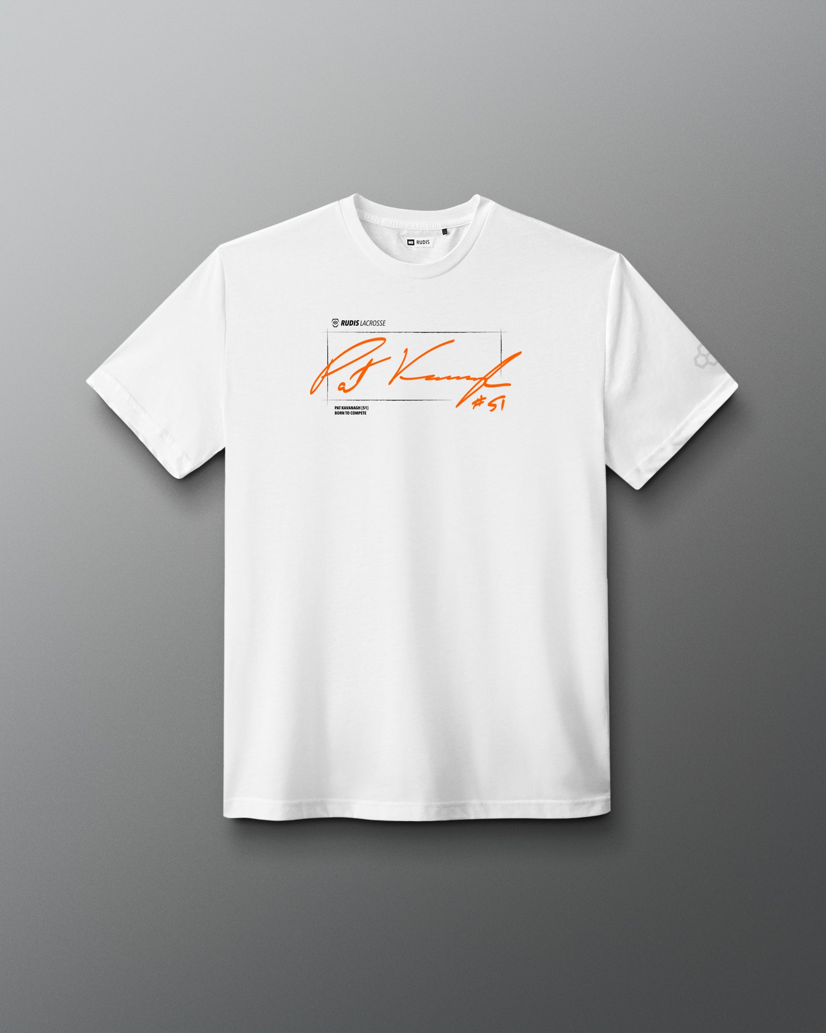 A white short-sleeve crewneck t-shirt featuring a graphic print on the chest with an orange signature and small black text, displayed against a dark gray gradient background.