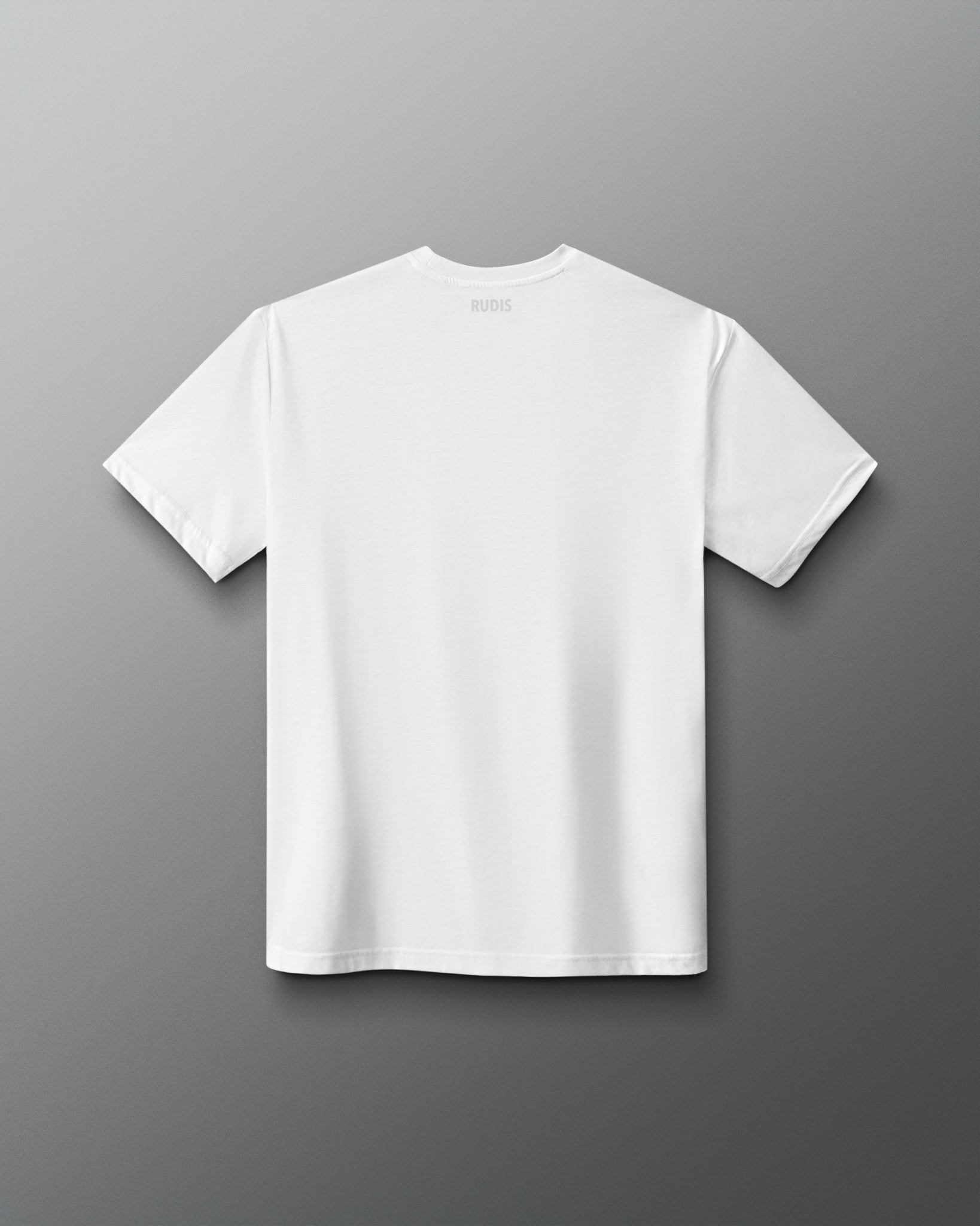 A plain white short-sleeve crewneck t-shirt shown from the back, centered against a dark gray gradient background.