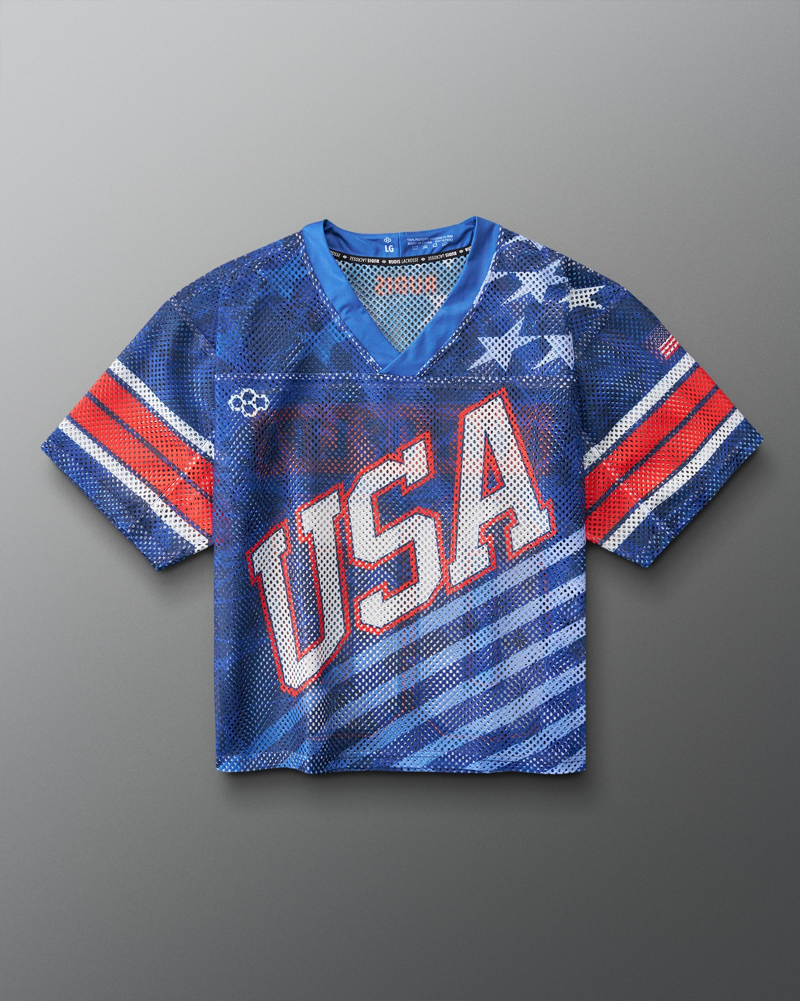 Front view of RUDIS Lacrosse Stars and Stripes Throwback Porthole Jersey in navy mesh with red, white, and blue USA graphics and American flag detail.