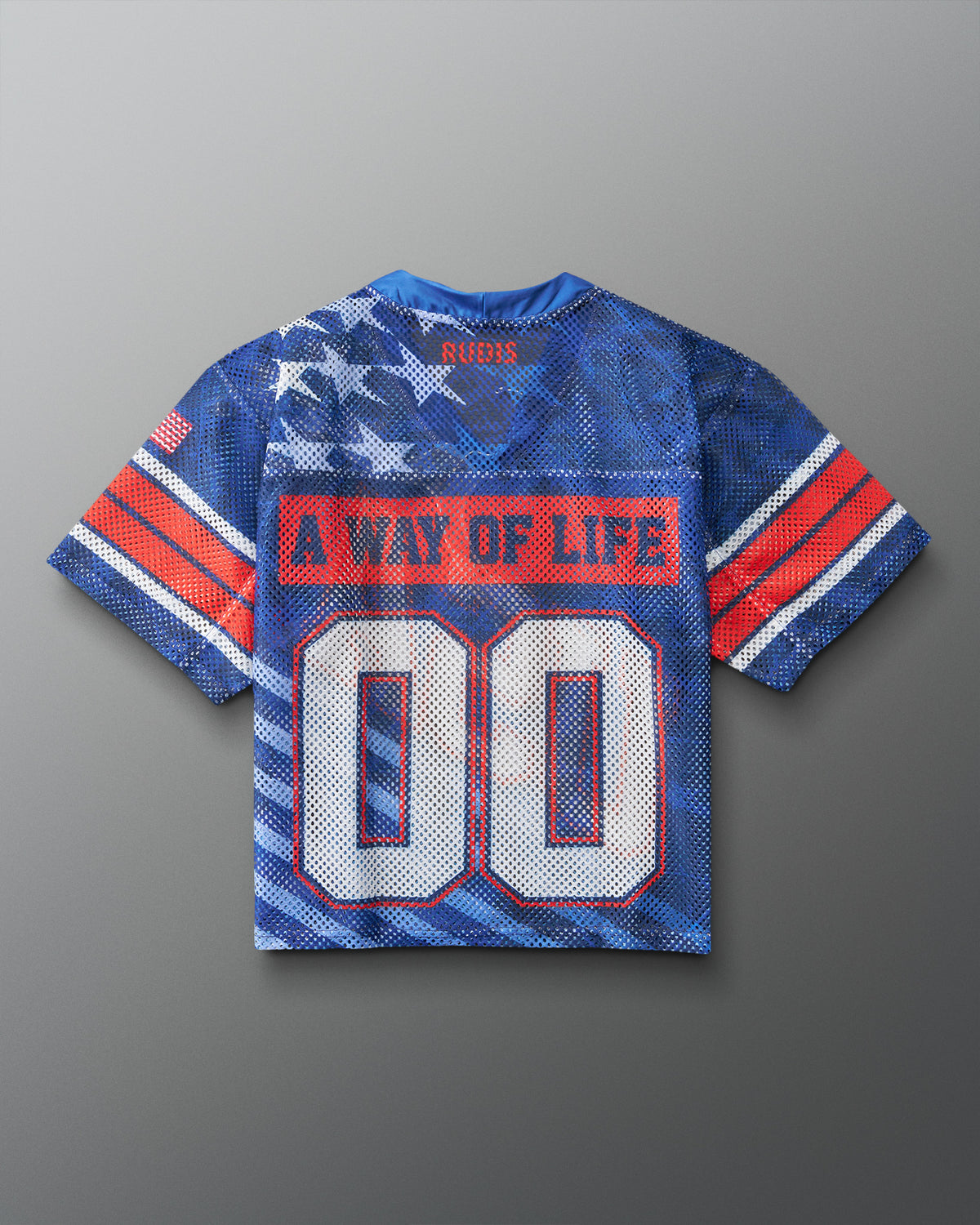 Back view of RUDIS Lacrosse Stars and Stripes Throwback Porthole Jersey in navy mesh with “A Way of Life” graphic and white 00 numbers.