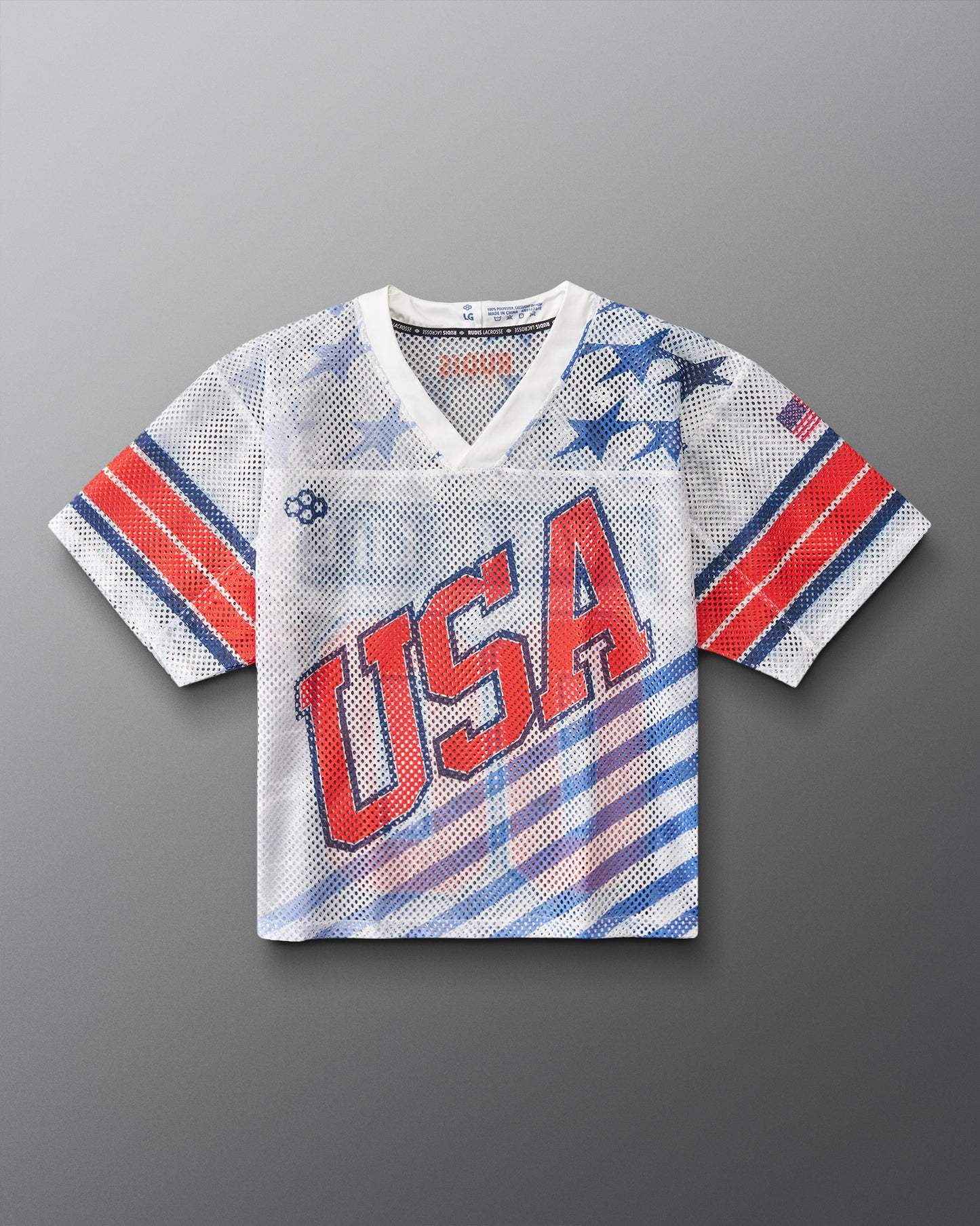 Front view of RUDIS Lacrosse Stars and Stripes Throwback Porthole Jersey in white mesh with red and blue USA graphics and American flag detail.