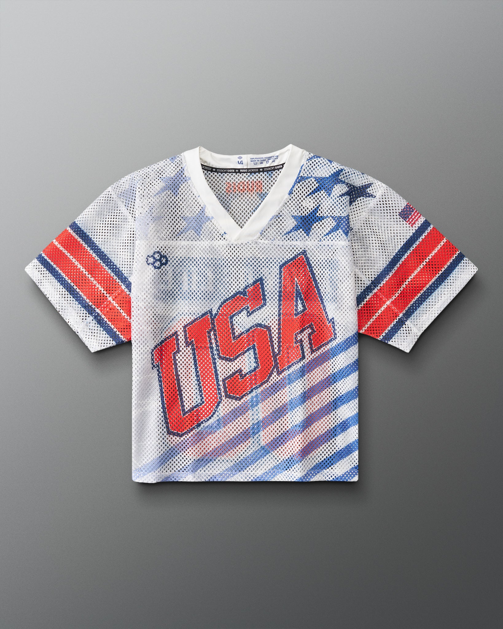 Front view of RUDIS Lacrosse Stars and Stripes Throwback Porthole Jersey in white mesh with red and blue USA graphics and American flag detail.