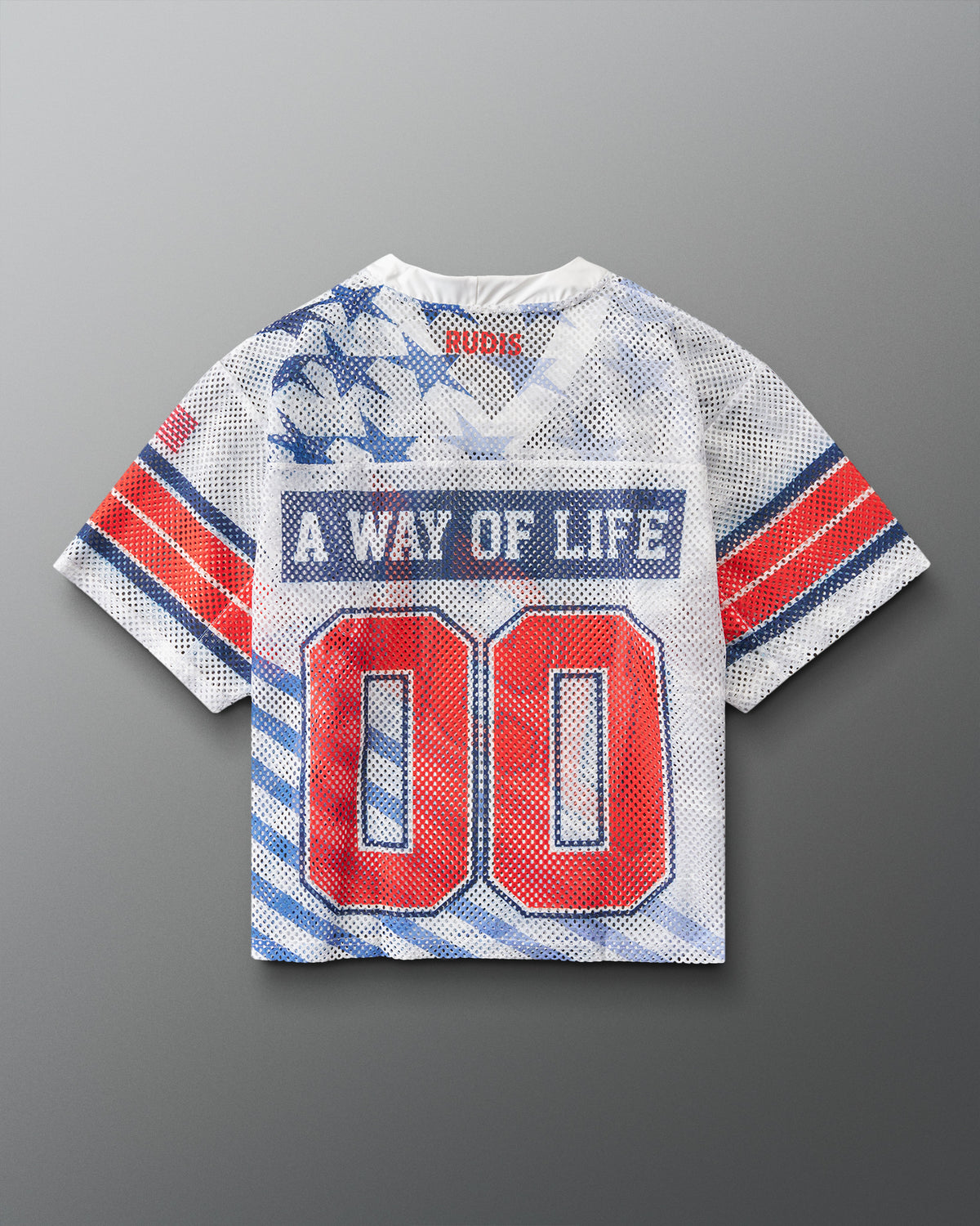 Back view of RUDIS Lacrosse Stars and Stripes Throwback Porthole Jersey in white mesh with “A Way of Life” graphic and red 00 numbers.