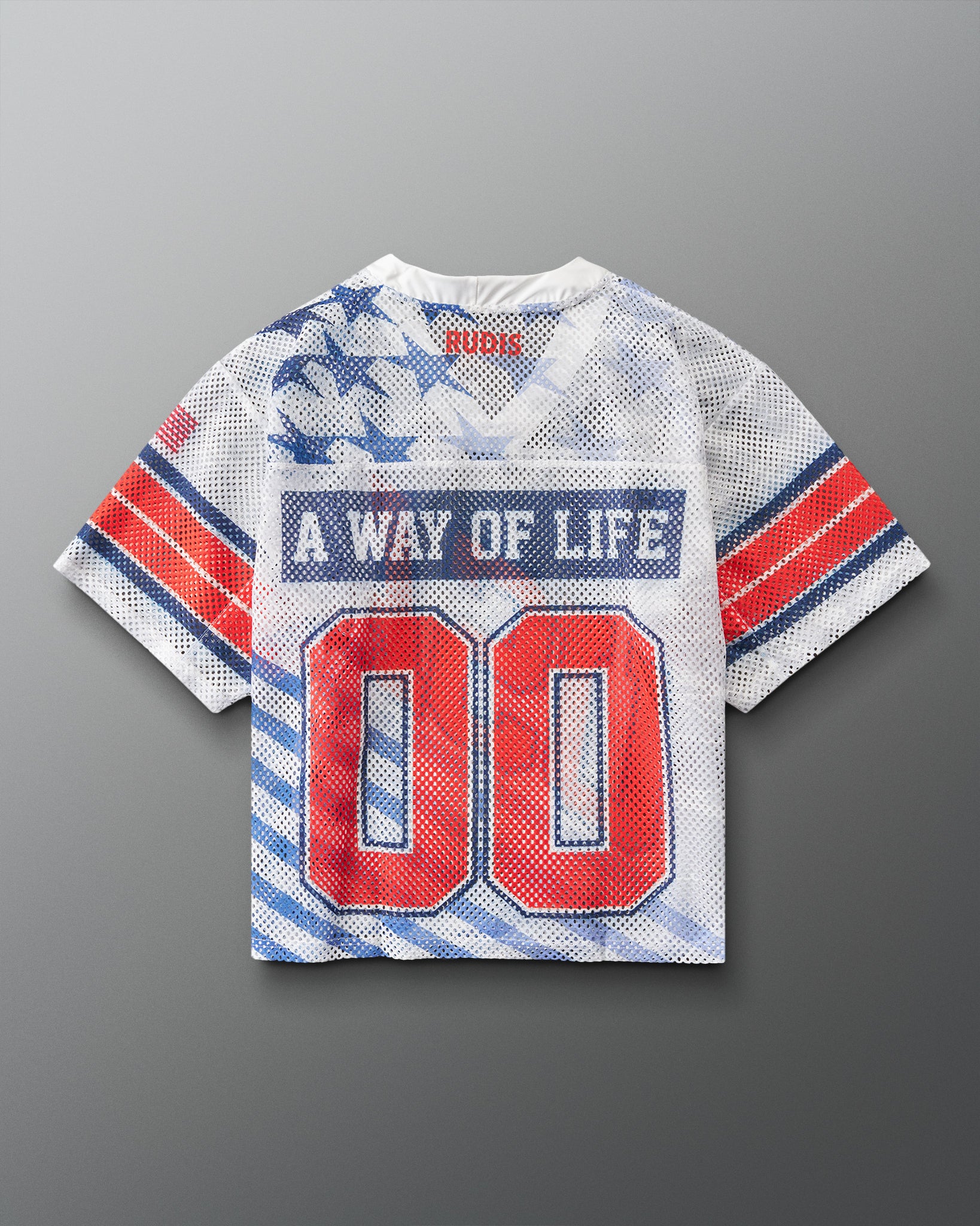 Back view of RUDIS Lacrosse Stars and Stripes Throwback Porthole Jersey in white mesh with “A Way of Life” graphic and red 00 numbers.