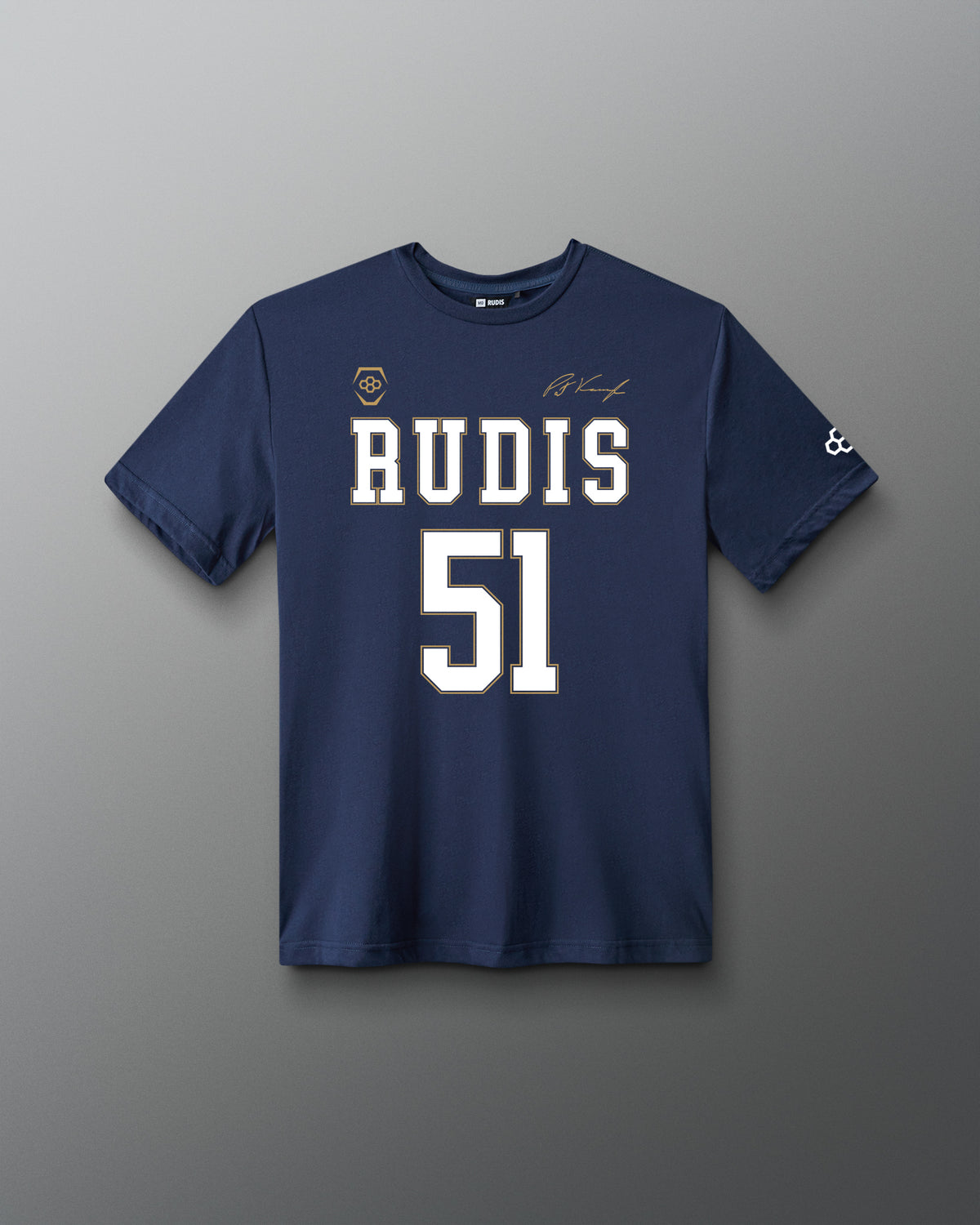Front view of the navy RUDIS P. Kavanagh Jersey Supersoft T-Shirt featuring RUDIS 51 graphics, signature detail and RUDIS sleeve logo.