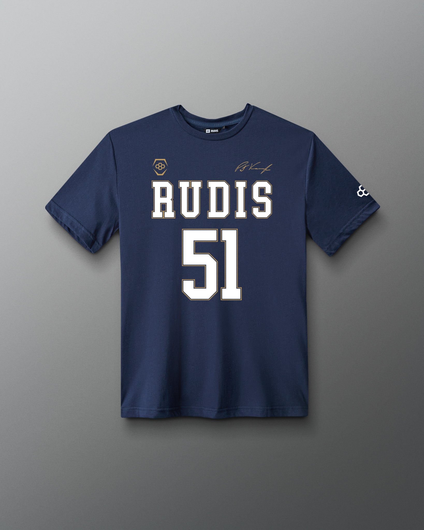 Front view of the navy RUDIS P. Kavanagh Jersey Supersoft T-Shirt featuring RUDIS 51 graphics, signature detail and RUDIS sleeve logo.