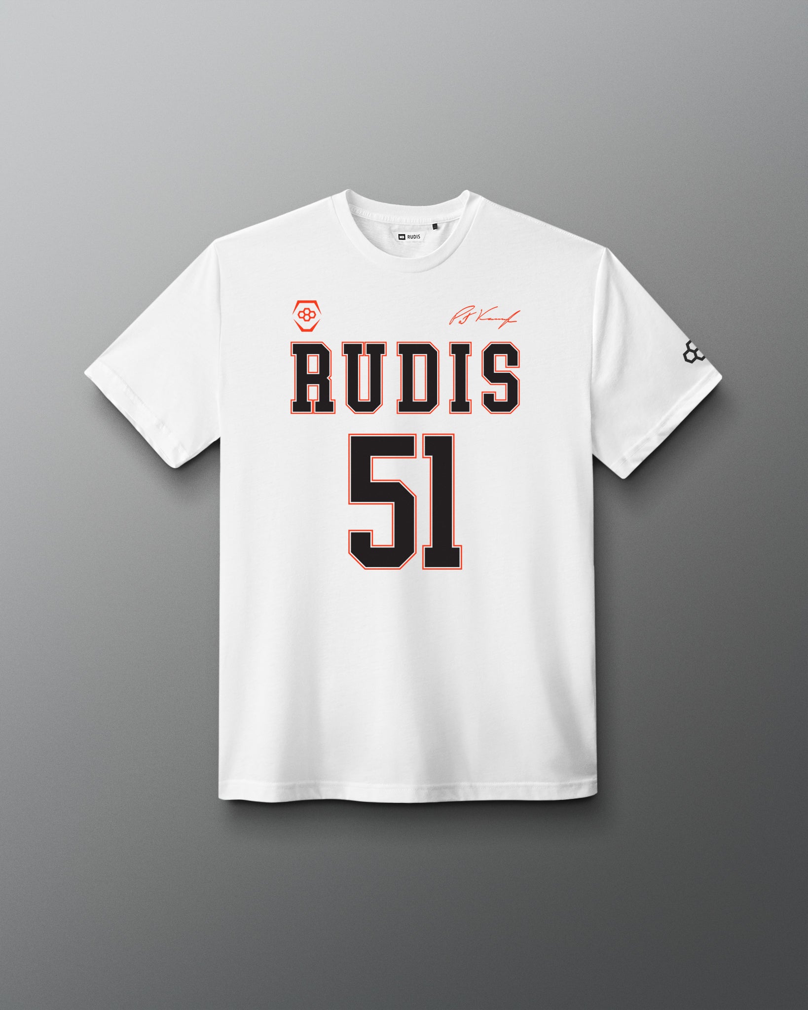 Front view of the white RUDIS P. Kavanagh Jersey Supersoft T-Shirt featuring RUDIS 51 graphics, signature detail and RUDIS sleeve logo.
