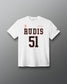 Front view of the white RUDIS P. Kavanagh Jersey Supersoft T-Shirt featuring RUDIS 51 graphics, signature detail and RUDIS sleeve logo.