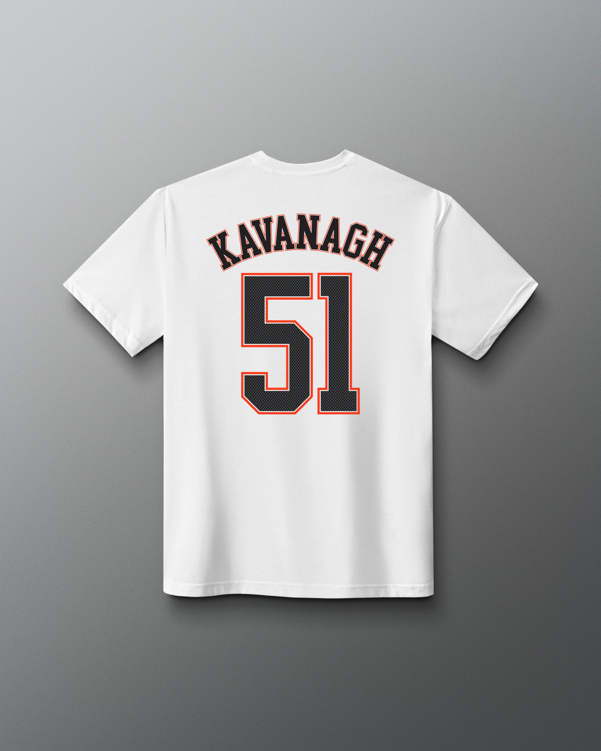 Back view of the white RUDIS P. Kavanagh Jersey Supersoft T-Shirt featuring KAVANAGH lettering and a large number 51 graphic.
