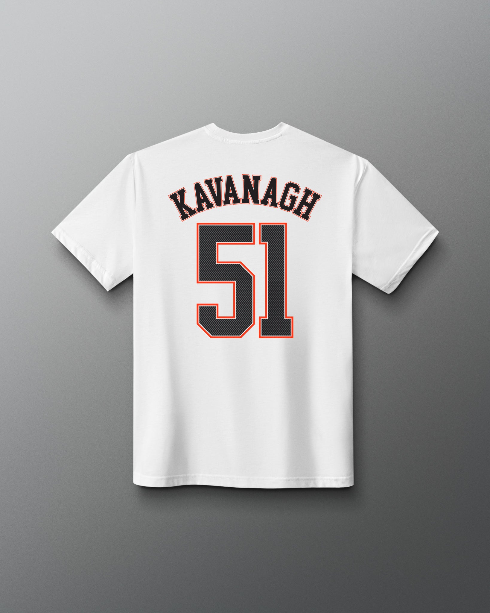 Back view of the white RUDIS P. Kavanagh Jersey Supersoft T-Shirt featuring KAVANAGH lettering and a large number 51 graphic.