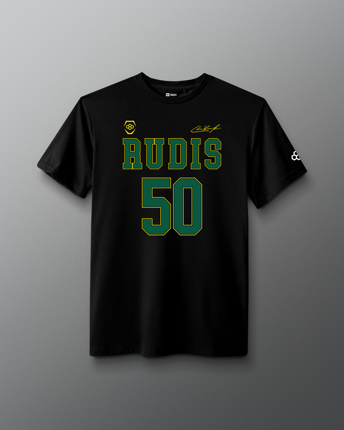 Front view of the black RUDIS C. Kavanagh Jersey Supersoft T-Shirt featuring green RUDIS 50 graphics, signature detail and RUDIS sleeve logo.